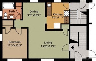 Floor plan for 1 bed, 1 bath, 780 sqft